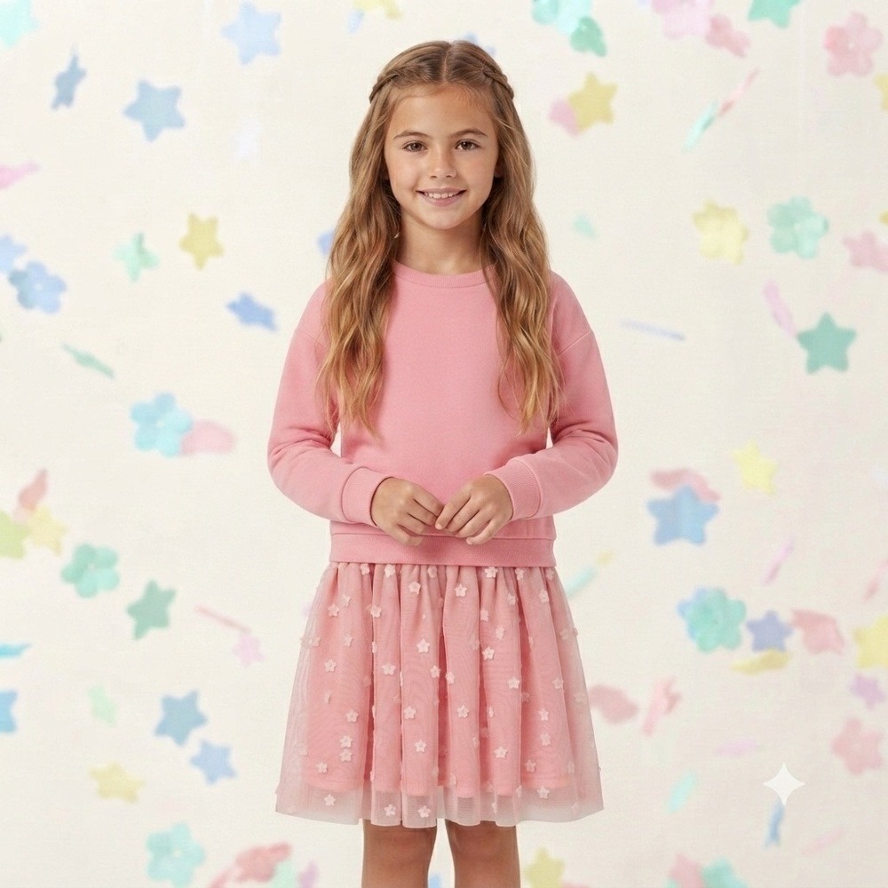 NWT Girls Cozy Sweatshirt Dress Pink Floral Bottom Long Sleeves Dress Size 7
